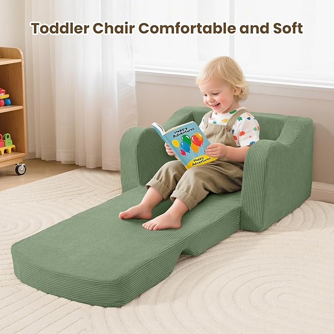 Comfy Toddler Chair for Kids, 2-in-1 Toddler Soft Plush Couch Fold Out, Convertible Kids Couch to Lounger, Baby Sofa for Boys and Girls, Green