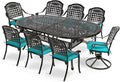 MEETWARM 9-Piece Outdoor Patio Dining Set, All-Weather Cast Aluminum Patio Conversation Set with 6 Stationary, 2 Swivel Rocker Chairs, 1 Oval Table, 8 Cushions, 2" Umbrella Hole, Ocean Blue