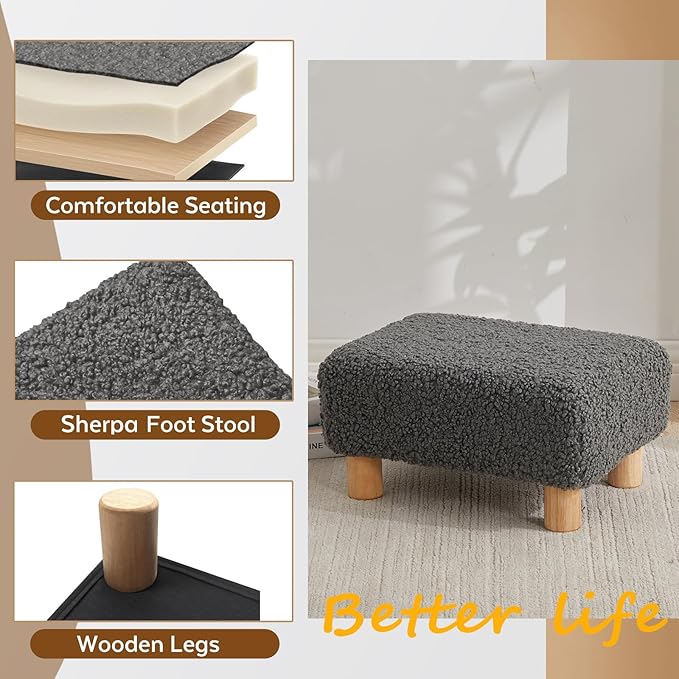 Small Foot Stool Ottoman, Sherpa Footstool Ottoman Foot Rest for Couch, Rectangle Footstools and Ottomans Small for Living Room, Entryway and Bedroom (Gray)