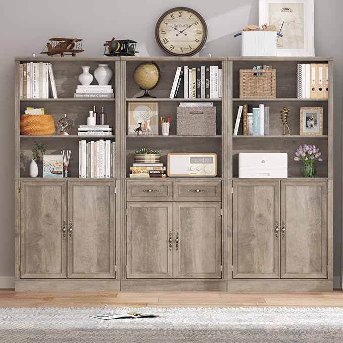 72'' Tall Bookcase with Doors and Drawers, Adjustable Shelves, P2 MDF Construction, 32'' Wide Freestanding Cabinet with Metal Handles, Hidden Storage for Living Room, Bedroom, Grey