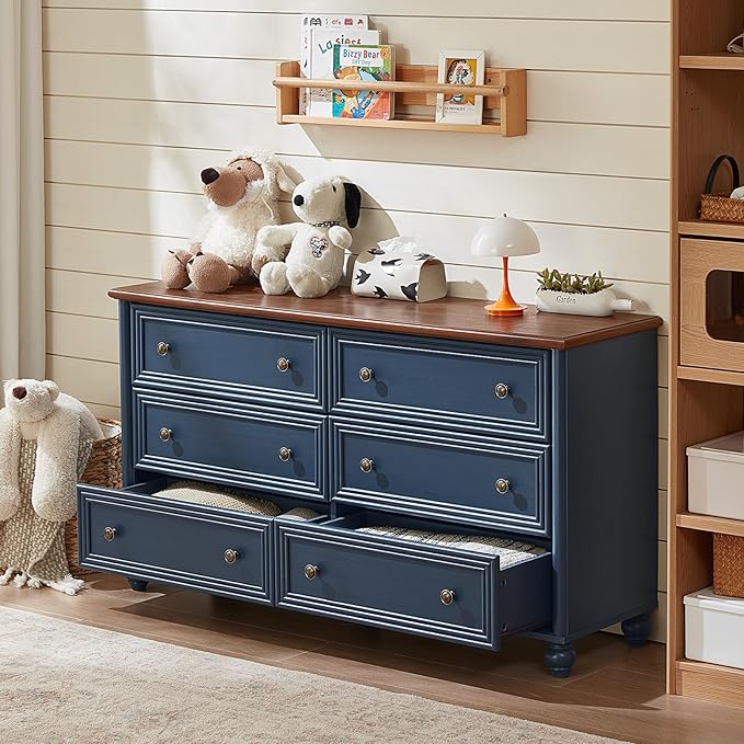 Farmhouse Dressers & Night Stand Set of 4, Wood 54" Wide 6 Drawer Dresser & 35" Tall Chest of Drawers, 18" Roman Column Nightstand Set of 2, Bedroom Furniture Dresser Sets for Home Living Room Hallway