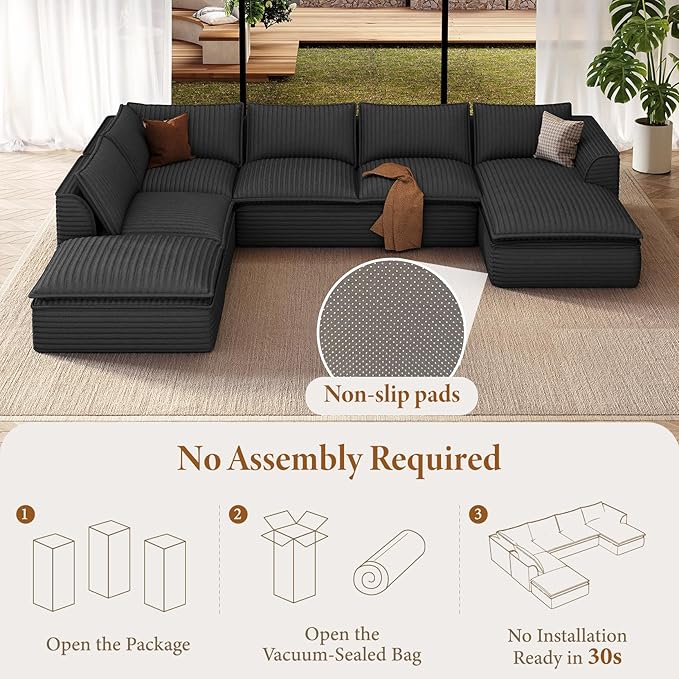 Vesgantti 204.7" Oversized Sectional Boneless Couch, Modern 9 Seater Modular Sofa with Chaise, Deep Seat Convertible Plush Corduroy Cloud Couches for Living Room, No Assembly Required, Dark Gray