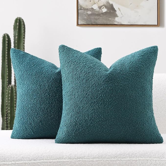 FUTEI Pack of 2 Teal Green Decorative Throw Pillow Covers 16x16 Inch Soft Cozy Solid Boucle Textured Cushion Case,Modern Home Decor for Couch Bed Living Room