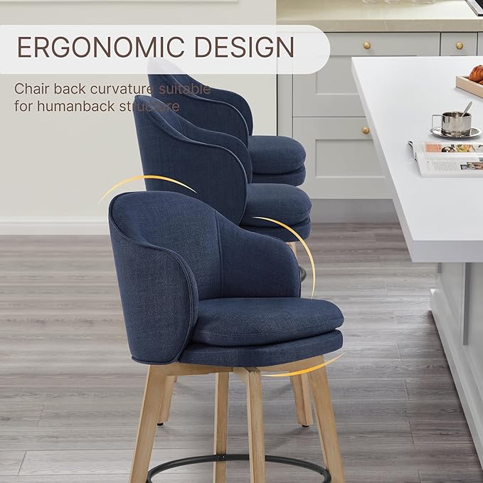 Counter Height Barstools 26 inch Upholstered Swivel Bar Stools with Back and Wood Legs for Kitchen Island,Set of 4,Blue Fabric