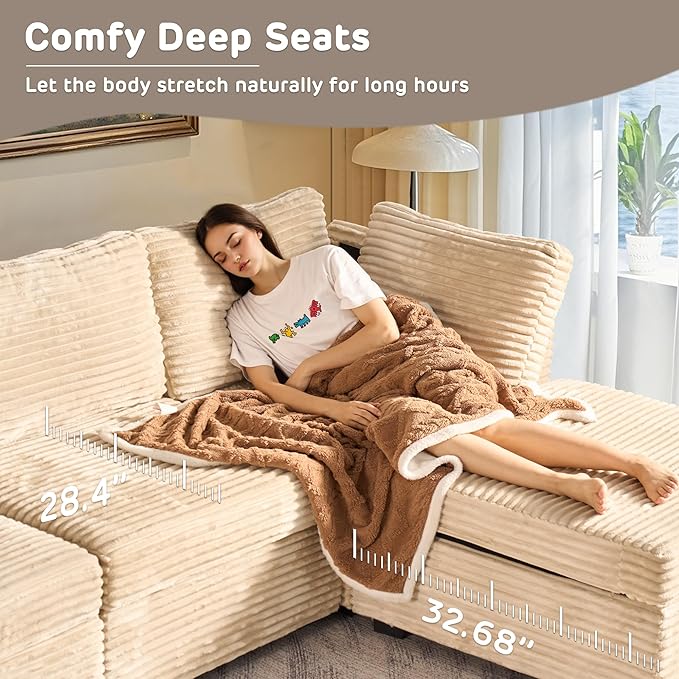 130'' Modern Modular Sectional Sofa with Ottoman, 8 Seater U Shaped Cloud Couch for Living Room, Oversized Deep Seat Convertible Sofa Set, Plush Corduroy Beige