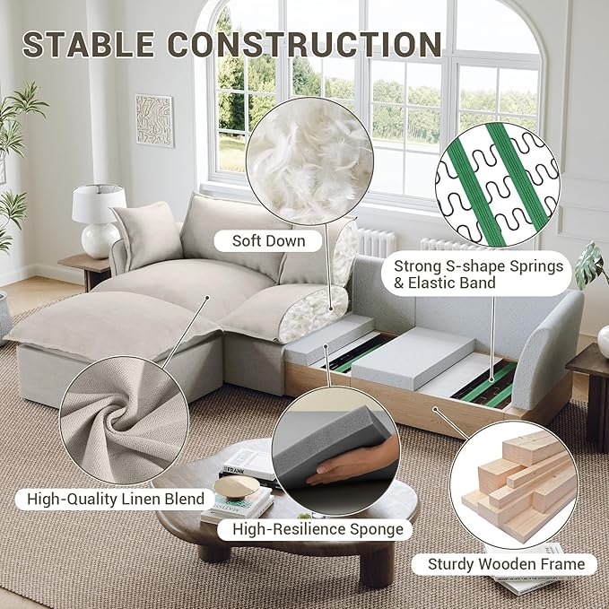 Middle Seat for Cloud Modular Sectional Sofa, Comfy Down Filled Cloud Couch with Removable Cover, Modular Sectional Couches for Living Room, Light Gray