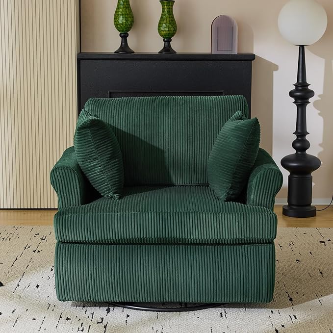 Karl home Swivel Accent Chair Set of 2, 39" Oversized Armchair W/2 Pillows and 4 Pockets,Modern Corduroy Barrel Chairs,Comfy Single Sofa for Living Room,Reading,Bedroom and Office-Dark Green