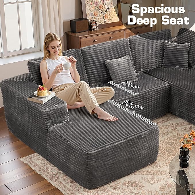 Weaxty Boneless Sectional Couch, U Shaped Modular Cloud Couches with Chaise, Plush Corduroy Memory Foam Deep Seat Floor Sofa, No Assembly Required，Gray