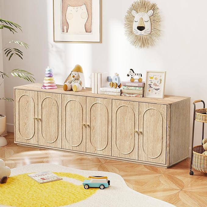 63'' Fluted Sideboard Buffet Cabinet with Storage and 6 Doors, Low Storage Cabinet Modern Wooden Accent Credenza Console Table for Kitchen Dining Living Room Entryway, (63"W*15.75"D*21.4"H) Natural