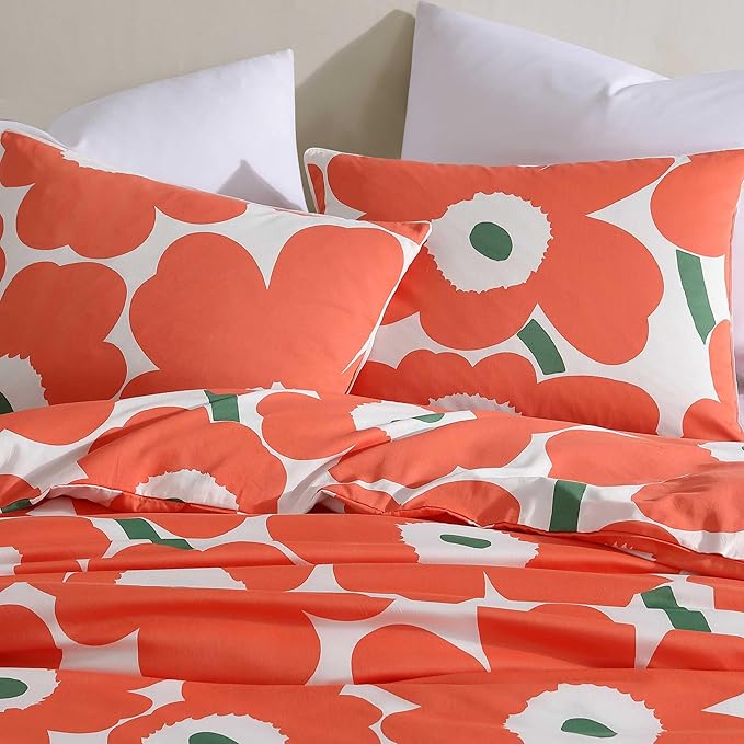 Marimekko - Duvet Cover Set, Super Soft Organic Bedding, Casual Home Decor (Unikko Orange, Full/Queen)