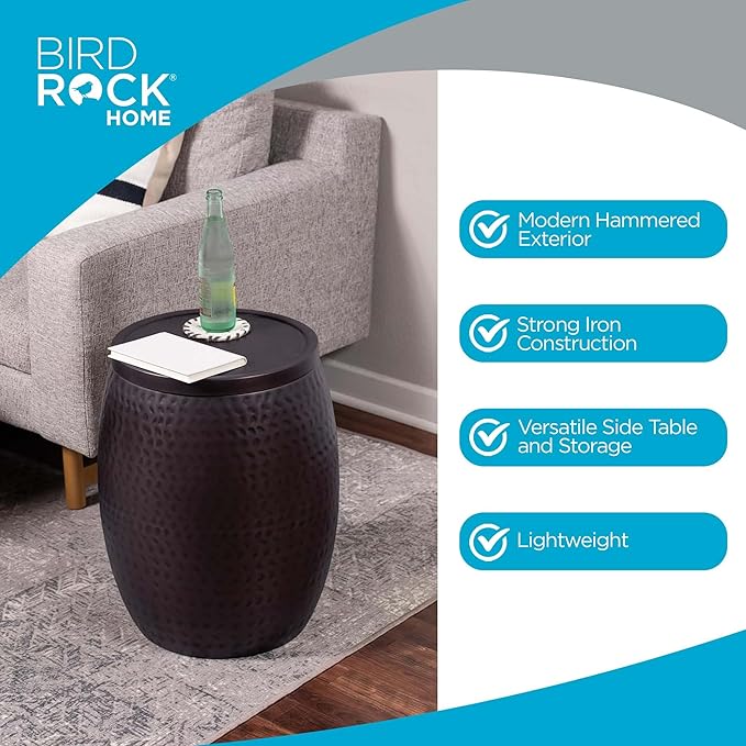 BIRDROCK HOME Iron Storage Side Table - Rustic Woven End Table with Removable Lid - Circle Barrel Accent Furniture for Living Room, Indoor, or Outdoor Use - 15.94" Dx 20" H - Oil Rubbed Bronze