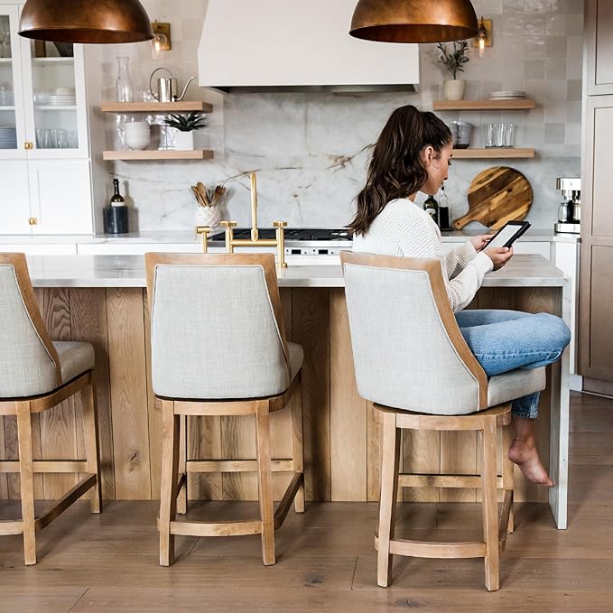 Maven Lane Vienna Counter Stools 26 Inches – Set of 3 – Swivel Stools with Footrests – Brown Solid Wood and Natural Fabric Upholstery – Ideal for Kitchen Islands and Counters