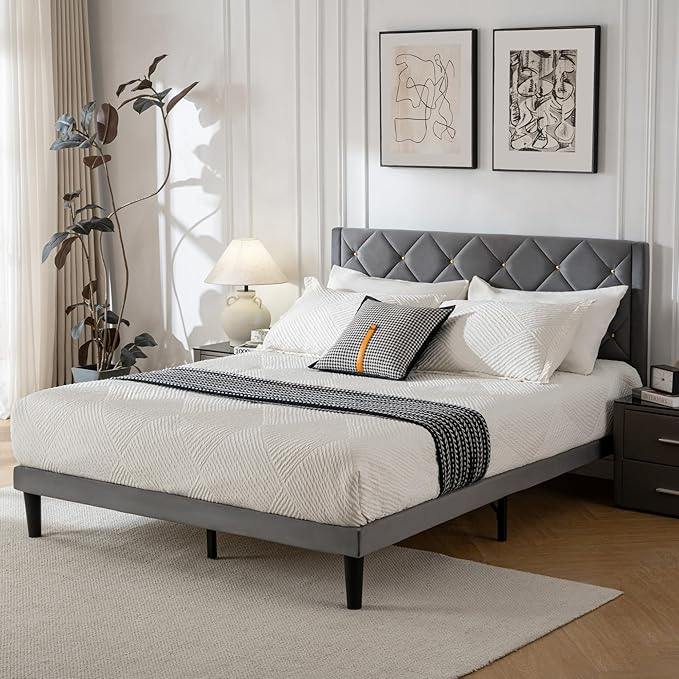 Full Size Platform Bed Frame with Velvet Upholstered Headboard and Sturdy Wooden Slats Support,Mattress Foundation，Easy Assembly, No Box Spring Needed,Slip Resistant (Grey, Full)
