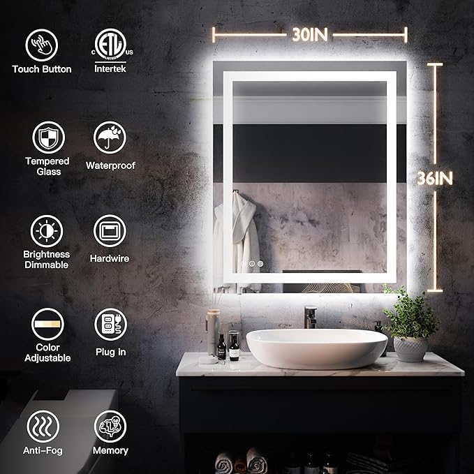 ISKM 36'' x 30'' LED Mirror for Bathroom Lighted Vanity Mirror for Wall Front Lights + Backlit LED Bathroom Mirror Anti-Fog Tempered Glass ETL Listed