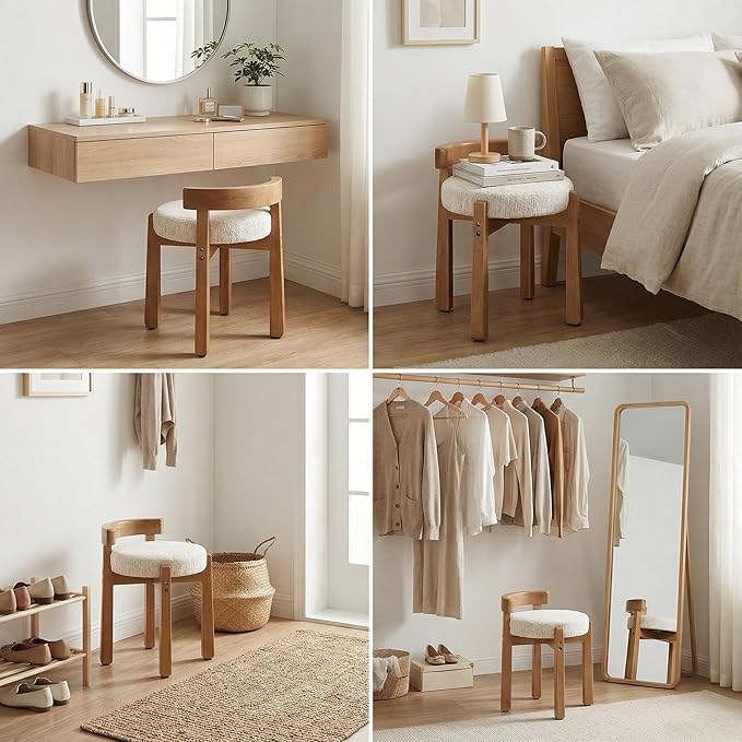 HNY Modern Chenille Vanity Chairs & Ottoman: Upholstered Round Seat with Solid Wood Legs, for Makeup Dressing, Living Room Footrest or Piano Bench, Beige
