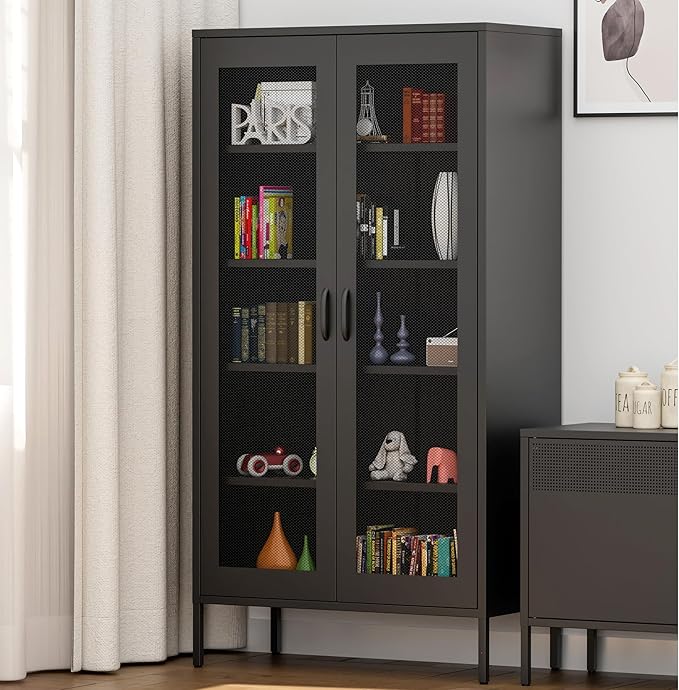 73 Inches Black Metal Storage Cabinet with Mesh Doors, 5 Tier Display Cabinet for Home Office, Metal Kitchen Pantry Storage Cabinet with 4 Adjustable Shelves
