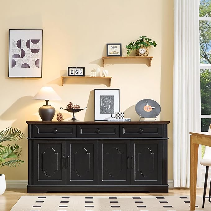 63" Black Buffet Sideboard Cabinet with 4 Doors and 3 Drawers, Modern Farmhouse Kitchen Storage Cabinet, Coffee Bar Cabinet with Adjustable Shelves, Kitchen Living Room Storage, Dining Room