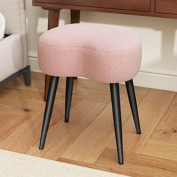 White Vanity Stool, Soft Makeup Stool with Solid Metal Legs for Vanity Corner, Morden Footrest Easy to Assembly (Pink)