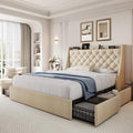 Full Size Upholstered Platform Bed Frame with 4 Storage Drawers and Charging Station, Linen Button Tufted Wingback Headboard, Sturdy Wooden Support Slats, No Box Spring Needed, Beige