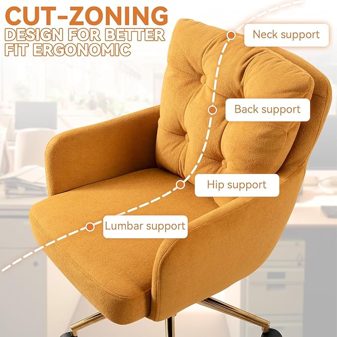 Velvet Office Chair, Comfy Home Office Desk Chairs with Lumbar Support, Modern Velvet Desk Chair Gold Legs Small Swivel Task Chair for Home Office, Bedroom, Study (Yellow, XL)