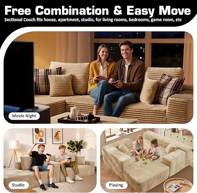 106" Cloud Sectional Couch with L-Shape Chaise & Ottoman, No Assembly Modular Sofa, Deep Seat Plush Corduroy Boneless Couched for Living Room (Beige Plush Corduroy, Left Facing Chaise with Ottoman)