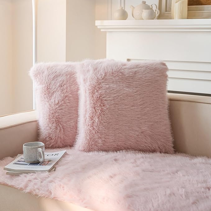 Neelvin Pink Faux Fur Cozy Fluffy Double-Sided Decorative Throw Pillow Covers 22x22 inch Set of 2,Velvet Pillowcase Cushion Case for Sofa Couch