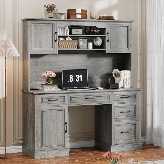 67" H Farmhouse Executive Desk with Hutch. Wood Workstation with 5 Drawers, Storage Cabinet, File Drawers and Charging Station, Ideal as Office Desk, Computer Desk for Home Office and Study.Gray