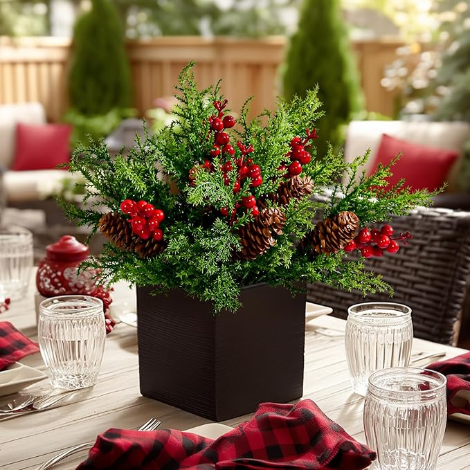 8PCS Artificial Pine Branches with Red Berry Pine Cones Artificial Needles Branches Greenery Stems Fake Greenery Floral Arrangements
