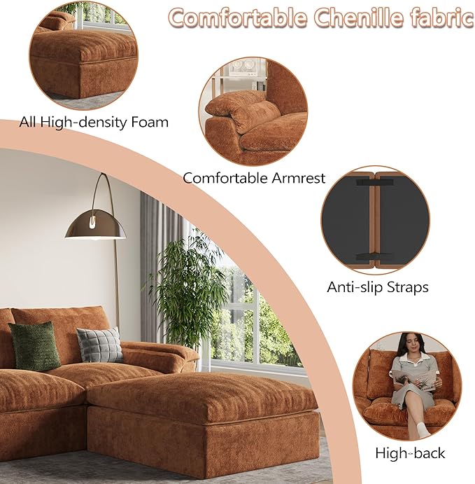 EASE MOOSE Oversized Sectional Cloud Couch for Living Room, Modular Boneless Sofa L-Shaped, Cloud Sofa Set with Fluffy Foam, 4-Seater Comfy Sofas with Ottoman for Bedroom Apartment, Chenille (Brown)