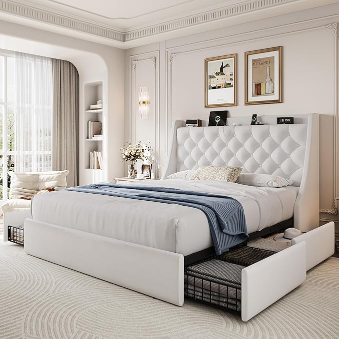 Full Size Upholstered Platform Bed Frame with 4 Storage Drawers and Charging Station, Linen Button Tufted Wingback Headboard, Sturdy Wooden Support Slats, No Box Spring Needed, White