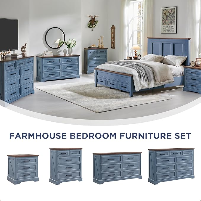 ACCOHOHO Farmhouse 6 Drawer Dresser for Bedroom, 52 Inch Wide Modern Dresser TV Stand with Large Drawers & Bar Handles, Rustic Wood Chest of Drawers for Bedroom, Living Room, Hallway, Blue