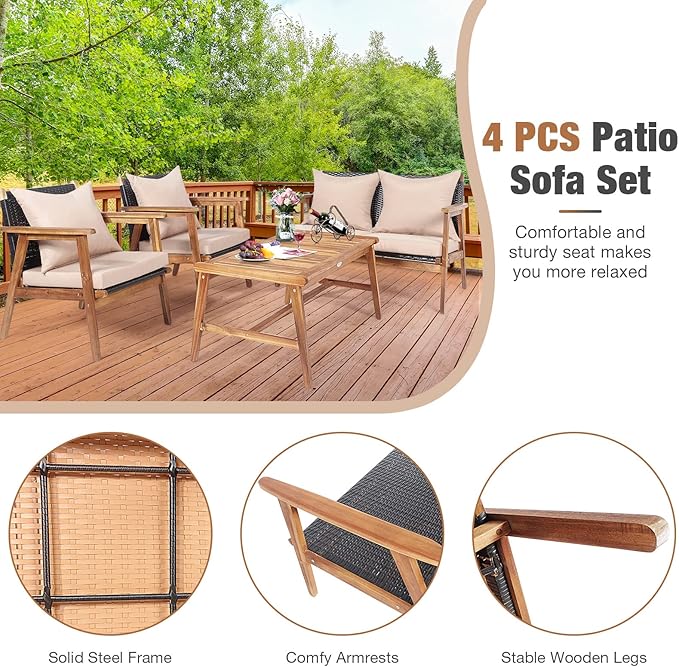 COSTWAY 4 Pieces Acacia Wood Patio Conversation Set, Outdoor Wicker Sofa with Coffee Table & Cushions, Patio Rattan Furniture Set for Yard, Porch, Poolside, Balcony, Backyard, Beige
