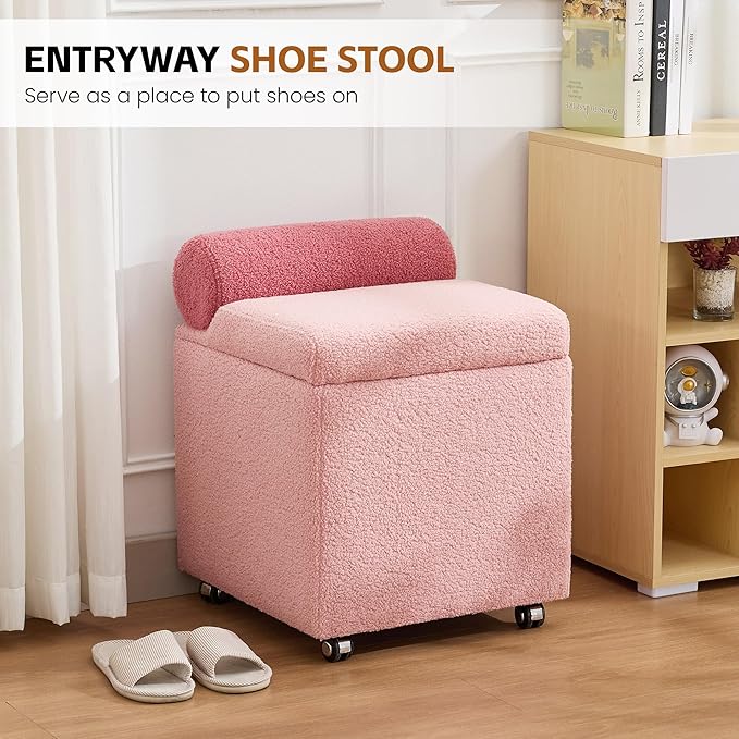 Boucle Vanity Chair with Storage, Swivel Makeup Vanity Chair with Wheels & Safety Hinge, Upholstered Vanity Stool Ottoman for Bedroom, Dressing Room, Pink