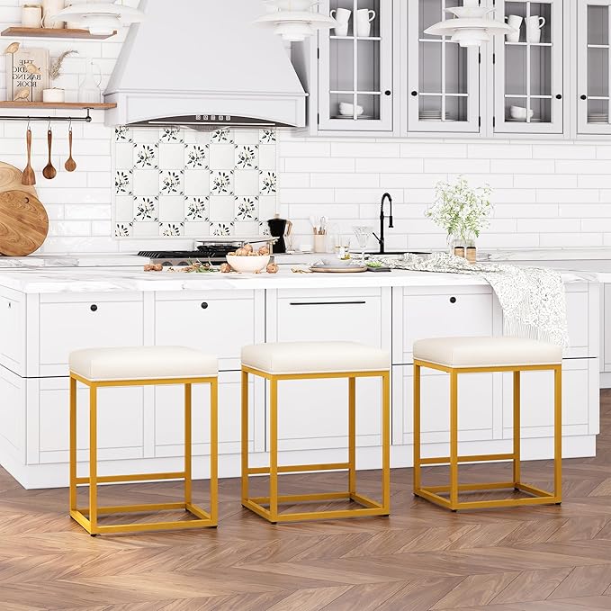 ALPHA HOME 24 Inch Counter Height Bar Stools Set of 4, Upholstered Bar Stools for Kitchen Island, Counter Stools with Faux Leather Cushion and Sturdy Metal Frame, Modern Barstools, White and Gold