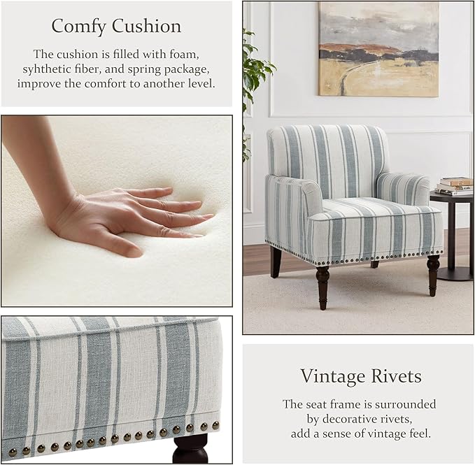 Pia Ricco Stripe Accent Chairs 2 Pack - Modern Nailhead Trim Armchairs with Wood Legs, Comfy Living Room Bedroom Home Office Seating-Light Blue