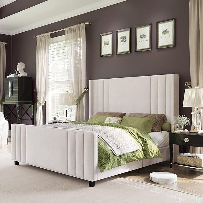 AMERLIFE King Size Bed Frame, Velvet Upholstered Platform Bed with Vertical Channel Tufted Headboard & Footboard/Wingback, Mattress Foundation with Wood Slats, No Box Spring Needed, Cream