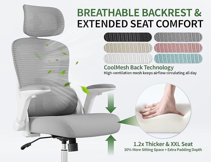 Ergonomic Office Chair - Computer Desk Chairs Comfy, Mesh High-Back Gaming Chair with Adjustable Lumbar Support, Executive Task Chair for Adults, Comfortable for Long Hours (White Grey)