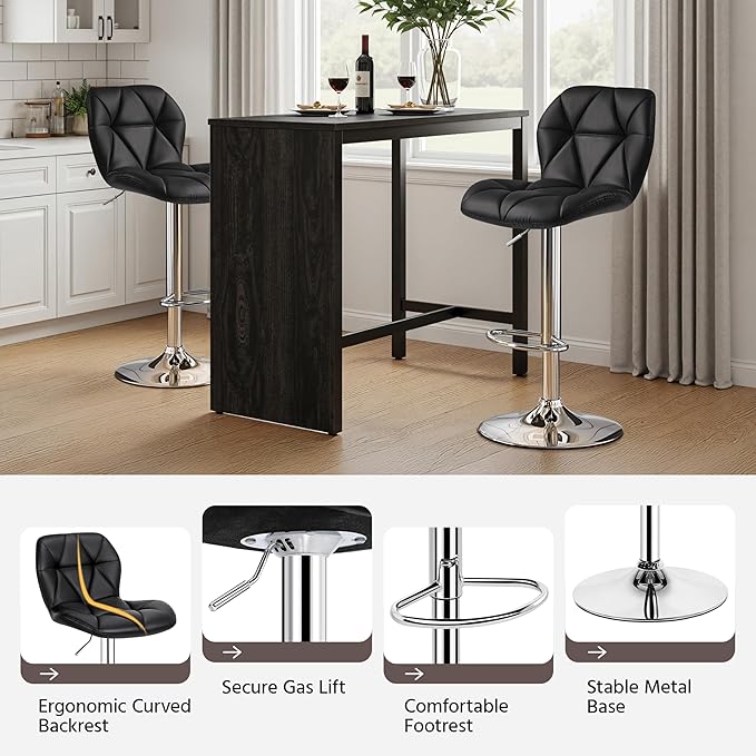 Yaheetech Bar Stools Set of 4, Adjustable PU Leather Swivel Barstools, Modern Counter Stools with Back and Footrest, Counter Height Barstools for Bar, Kitchen, Dining Room, Black