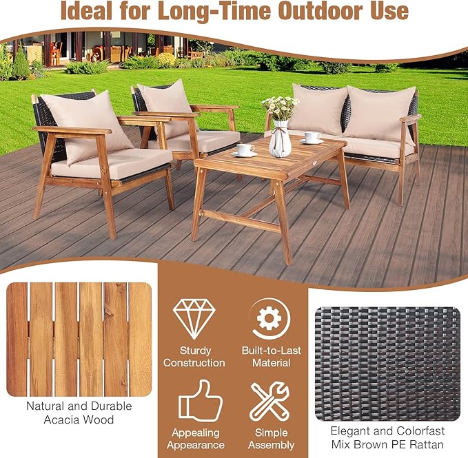 COSTWAY 4 Pieces Acacia Wood Patio Conversation Set, Outdoor Wicker Sofa with Coffee Table & Cushions, Patio Rattan Furniture Set for Yard, Porch, Poolside, Balcony, Backyard, Beige