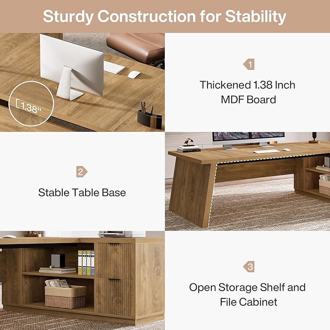 Tribesigns 78" L Shaped Desk with Drawers, Large Executive Office Desk with File Cabinet and Shelves, Modern Corner Computer Table Business Furniture for Home Office, Brown