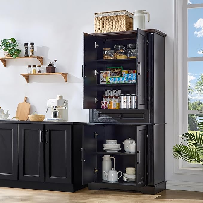 71" Black Tall Pantry Cabinet with Drawer and Adjustable Shelves, Modern Storage Cabinet with Doors, Kitchen Buffet Cabinet, Food Pantry Storage Cabinet, Coffee Bar, Living Room and Dining Room