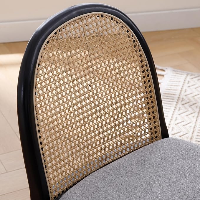 Rattan Dining Chairs Set of 4, Modern Dining Room Chairs with Cane Back Comfy Accent Kitchen Chair Upholstered Linen Fabric Chair for Restaurant/Living Room, Grey