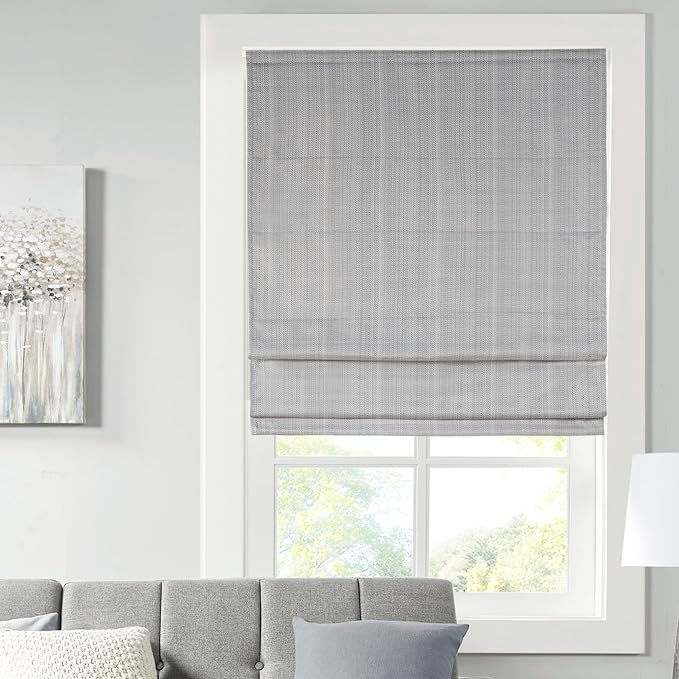 Madison Park Galen Cordless Roman Shade, 31"W x 64"H, Sheen Grey – Room Darkening, Thermal Insulated, Energy Efficient Window Blind with Subtle Sheen Basketweave Fabric for Privacy