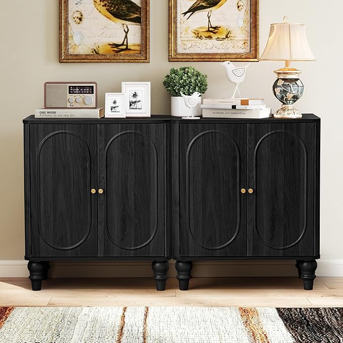 ORRD Fluted Storage Cabinet, Modern Credenza Wooden Accent Sideboard Buffet Cabinet with Adjustable Shelves and Solid Wood Legs, Console Table for Kitchen Dining Living Room Entryway, Black