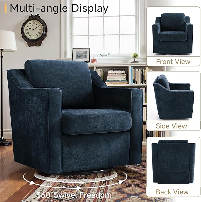 Pia Ricco 360° Swivel Accent Chair, Plush Oversized Chenille Fabric Armchair with Removable Cover for Living Room and Reception,Grey Blue