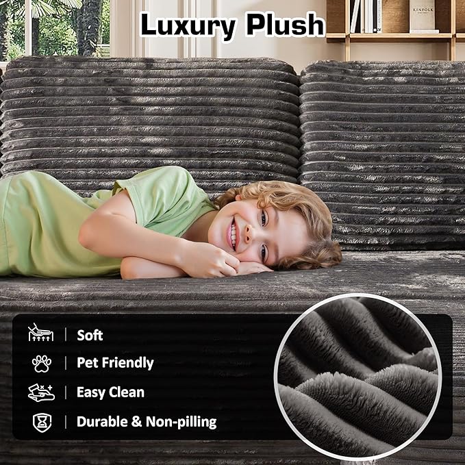 106" Cloud Sectional Couch with L-Shape Chaise & Ottoman, No Assembly Modular Sofa, Deep Seat Plush Corduroy Boneless Couched for Living Room (Gray Plush Corduroy, Left Facing Chaise with Ottoman)