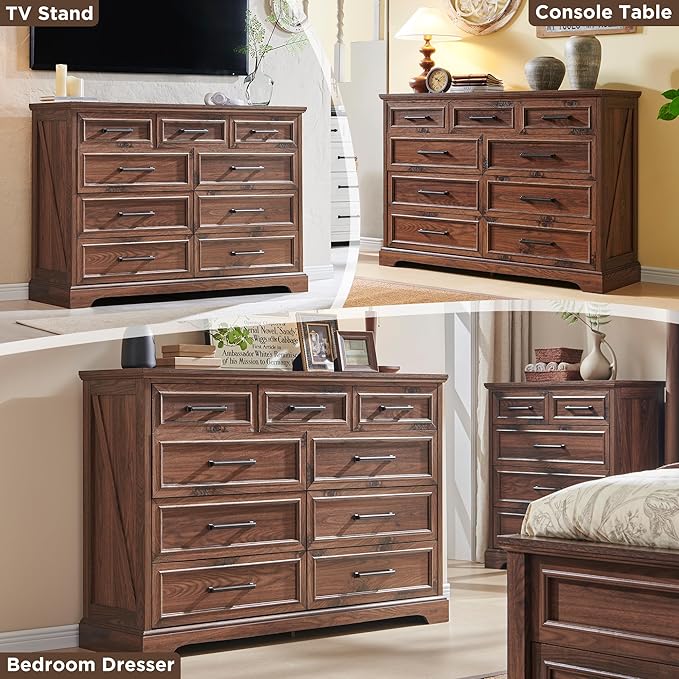 ACCOHOHO Farmhouse 9 Drawer Dresser for Bedroom, 36 Inch Tall Modern Dresser TV Stand with Large Drawers & Bar Handles, Rustic Wood Chest of Drawers for Bedroom, Living Room, Hallway, Brown