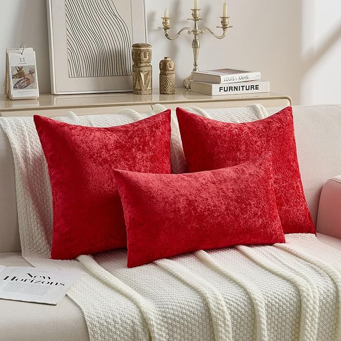 FUTEI Christmas Red Flannel Throw Pillow Covers 24x24 Inch Set of 2,Soft Dimensional TextuChristmas Red European Cushion Cases,Modern Home Decor for Couch Living Room