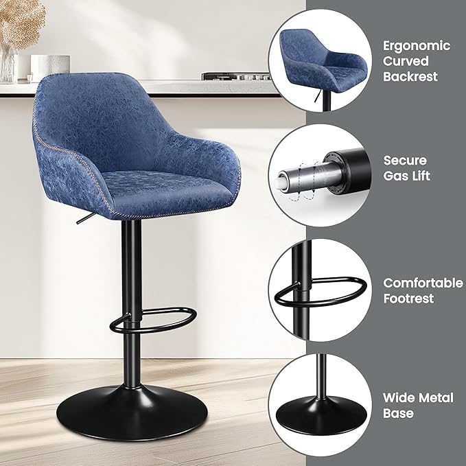 Yaheetech Bar Stools Set of 2, PU Leather Swivel Counter Height Barstools, Adjustable Bar Chairs with Backrest and Footrest, Kitchen Island Stool for Home Kitchen, Blue