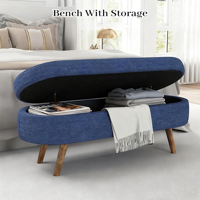 Storage Ottoman Bench 43" Storage Bench for Bedroom, Upholstered Soft Boucle Fabric End of Bed with Safety Hinge Solid Wood Legs Foot Stool Benches for Hallway,Closet,Oval, Entryway, Blue